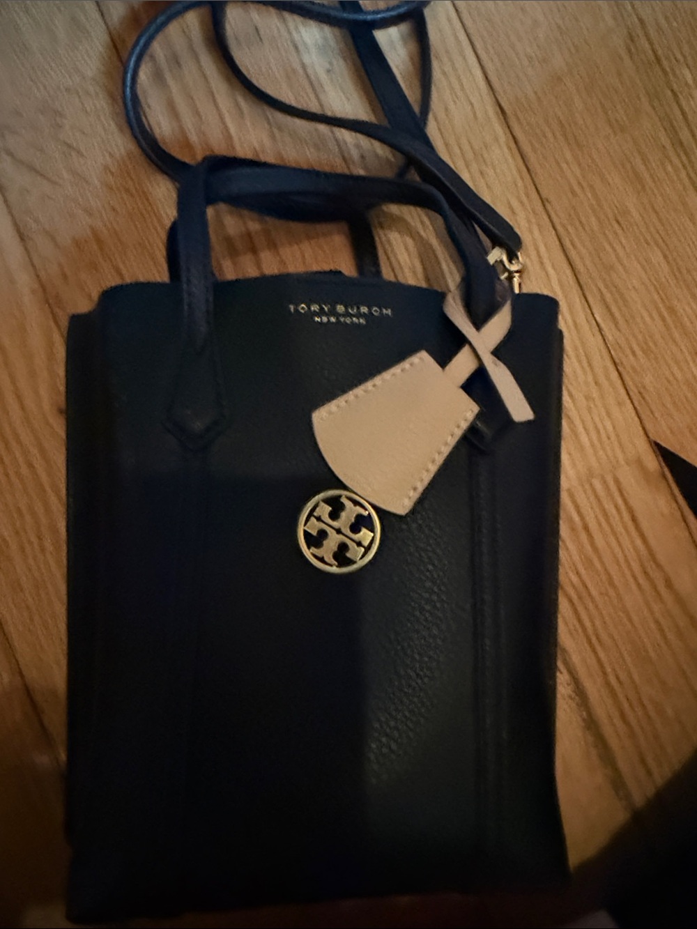 Tory Burch Black Leather Mini Tote with Beige Tag and Gold Logo